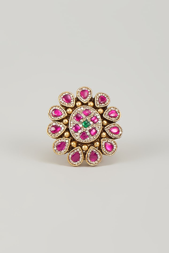 Antique Gold Finish Pink & White Jadtar Stone & Pearl Ring by Aryah Jewels at Pernia's Pop Up Shop