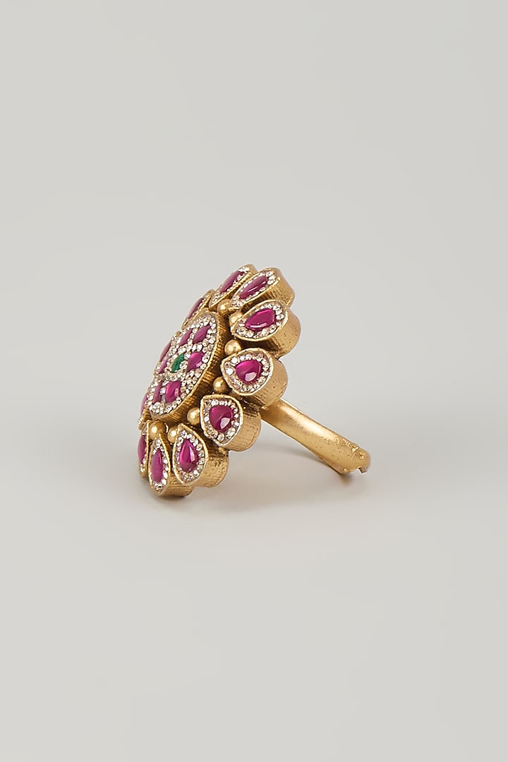 Antique Gold Finish Pink & White Jadtar Stone & Pearl Ring by Aryah Jewels at Pernia's Pop Up Shop
