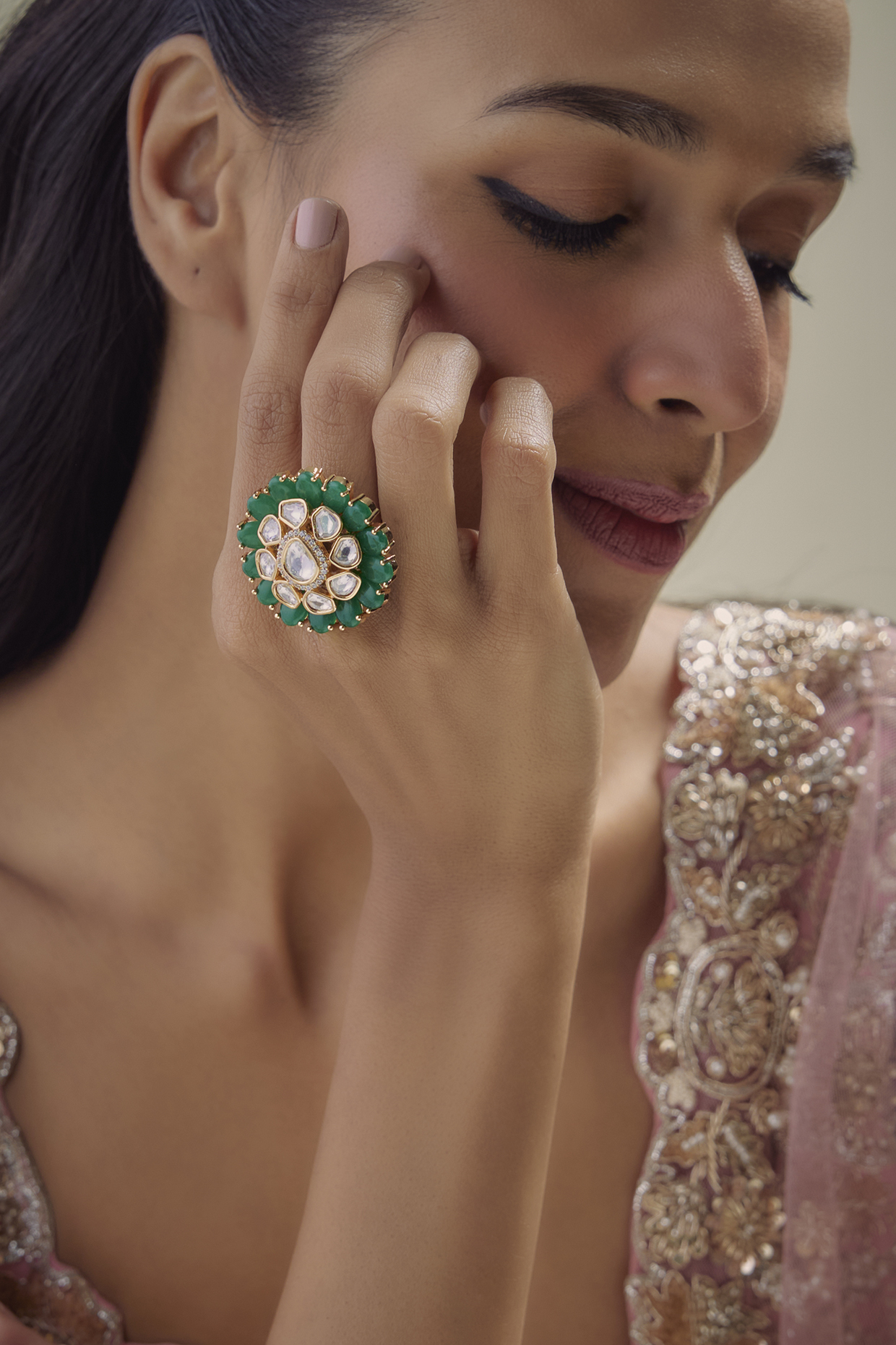 Gold Finish Kundan Polki & Emerald Stone Ring by Aryah Jewels at Pernia's Pop Up Shop