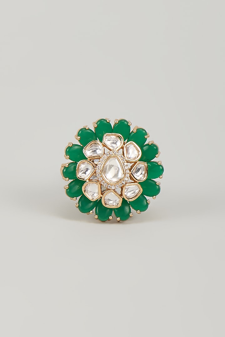 Gold Finish Kundan Polki & Emerald Stone Ring by Aryah Jewels at Pernia's Pop Up Shop