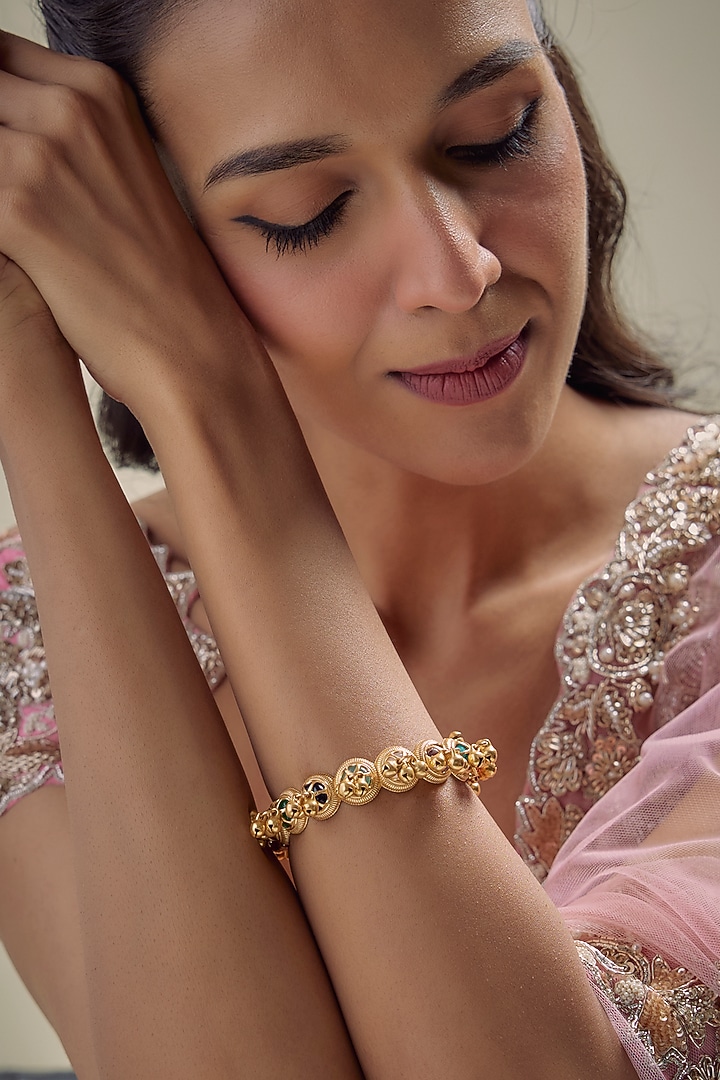 Gold Finish Kundan Polki & Ghungroo Kada by Aryah Jewels at Pernia's Pop Up Shop