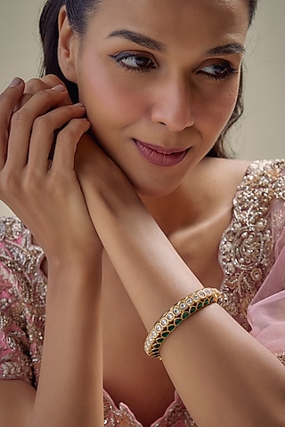 Gold Finish Kundan Polki & Emerald Stone Kada by Aryah Jewels