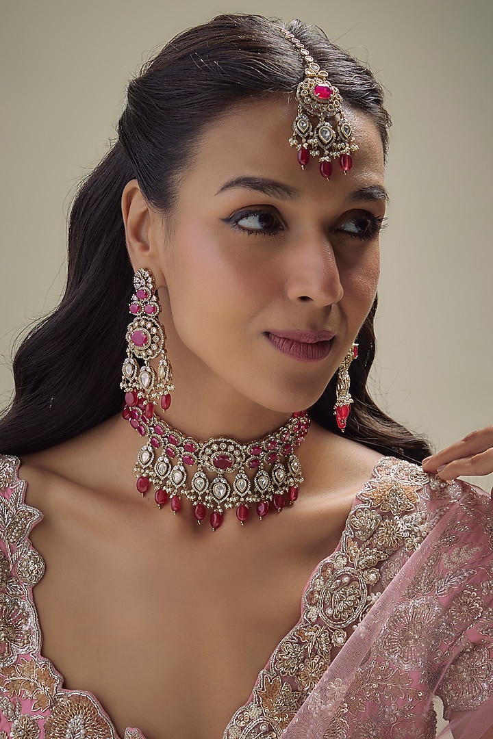 Victorian Finish Ruby Stone & Uncut Zircon Choker Necklace Set by Aryah Jewels at Pernia's Pop Up Shop