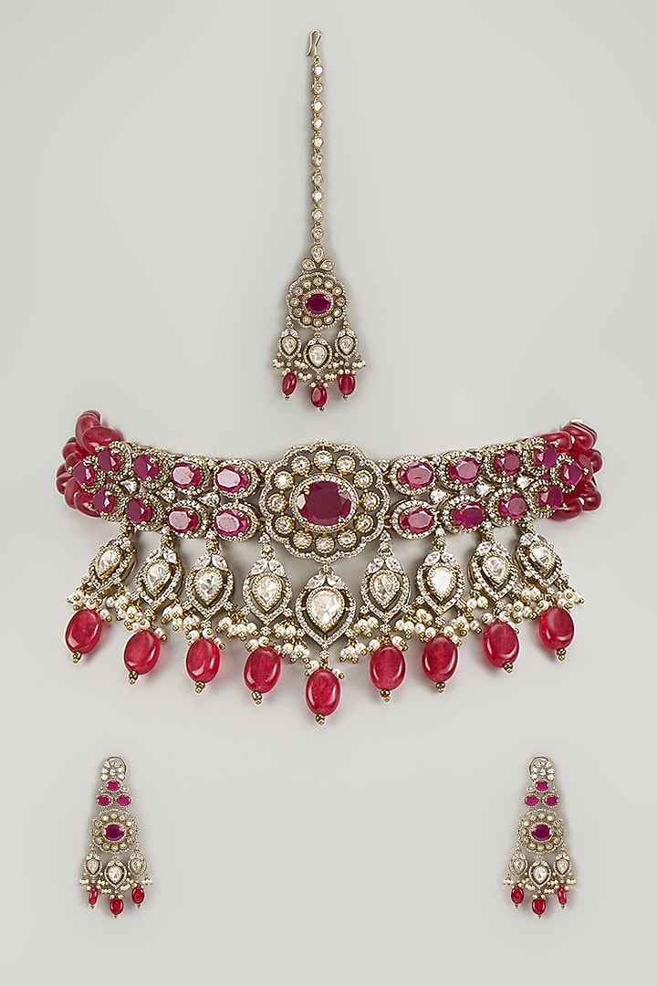 Victorian Finish Ruby Stone & Uncut Zircon Choker Necklace Set by Aryah Jewels at Pernia's Pop Up Shop