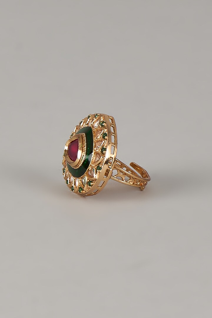 Gold Finish Uncut Zircon & Synthetic Ruby Enameled Ring by Aryah Jewels at Pernia's Pop Up Shop