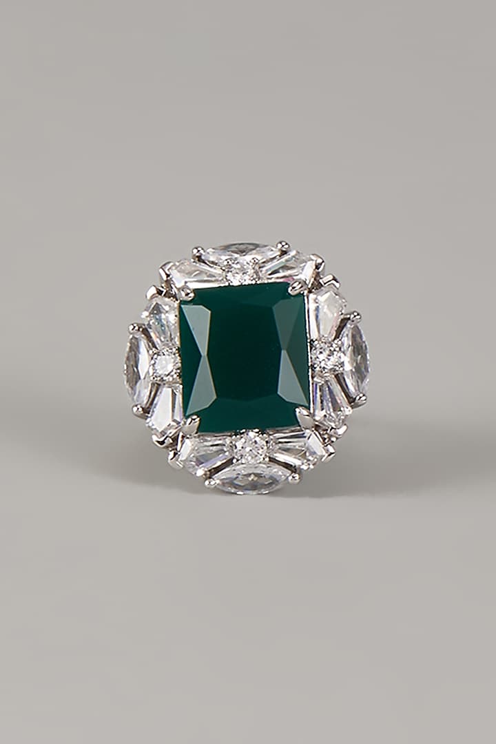 White Finish Uncut Zircon & Emerald Stone Adjustable Ring by Aryah Jewels at Pernia's Pop Up Shop