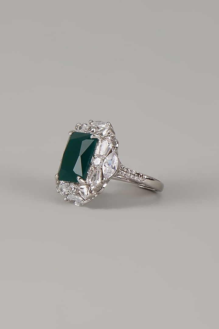 White Finish Uncut Zircon & Emerald Stone Adjustable Ring by Aryah Jewels at Pernia's Pop Up Shop