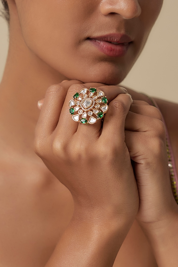 Gold Finish Uncut Zircon & Emerald Green Synthetic Stone Adjustable Ring by Aryah Jewels at Pernia's Pop Up Shop
