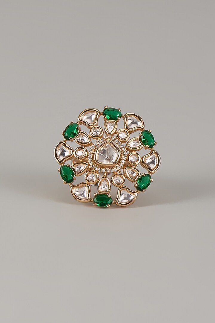 Gold Finish Uncut Zircon & Emerald Green Synthetic Stone Adjustable Ring by Aryah Jewels at Pernia's Pop Up Shop