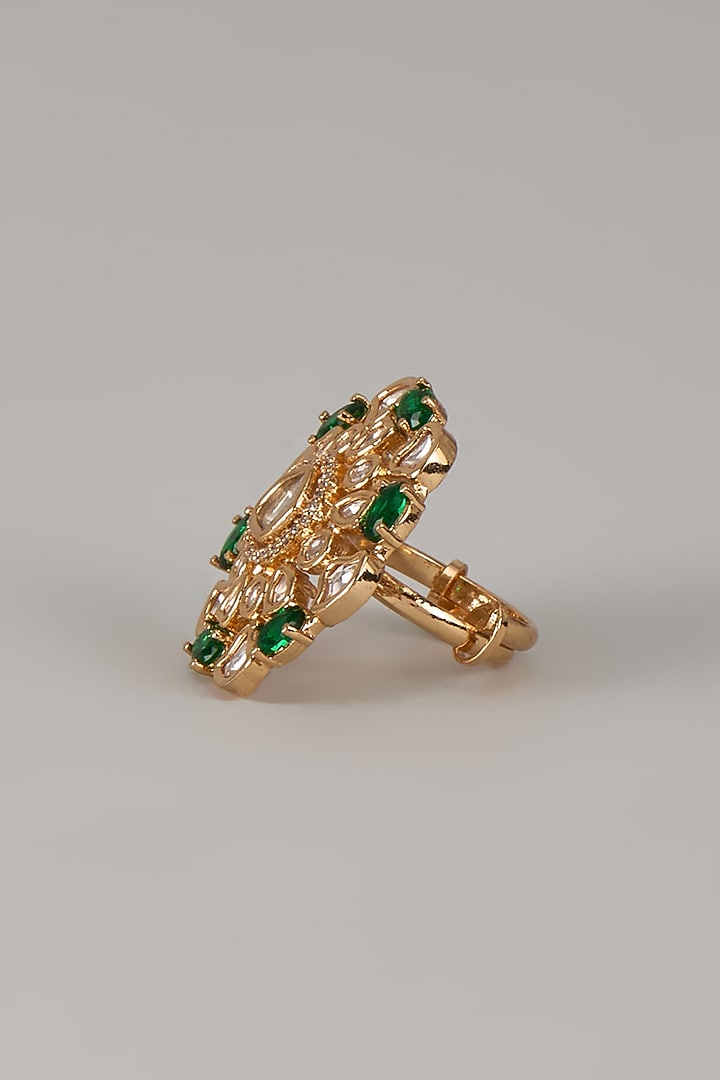 Gold Finish Uncut Zircon & Emerald Green Synthetic Stone Adjustable Ring by Aryah Jewels at Pernia's Pop Up Shop