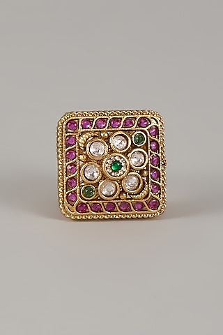 Victorian Finish Uncut Zircon & Ruby Stone Adjustable Ring by Aryah Jewels