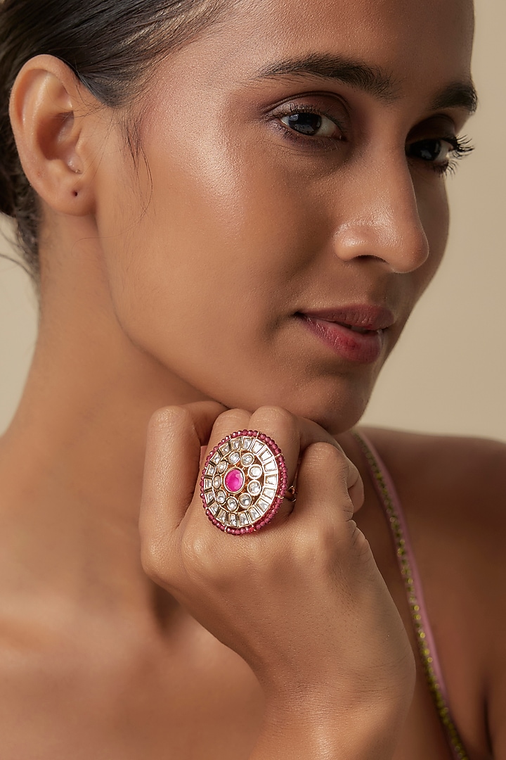 Gold Finish Uncut Zircon & Pink Beaded Adjustable Ring by Aryah Jewels at Pernia's Pop Up Shop