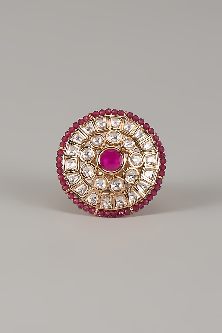 Gold Finish Uncut Zircon & Pink Beaded Adjustable Ring by Aryah Jewels at Pernia's Pop Up Shop