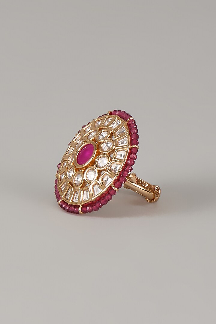 Gold Finish Uncut Zircon & Pink Beaded Adjustable Ring by Aryah Jewels at Pernia's Pop Up Shop