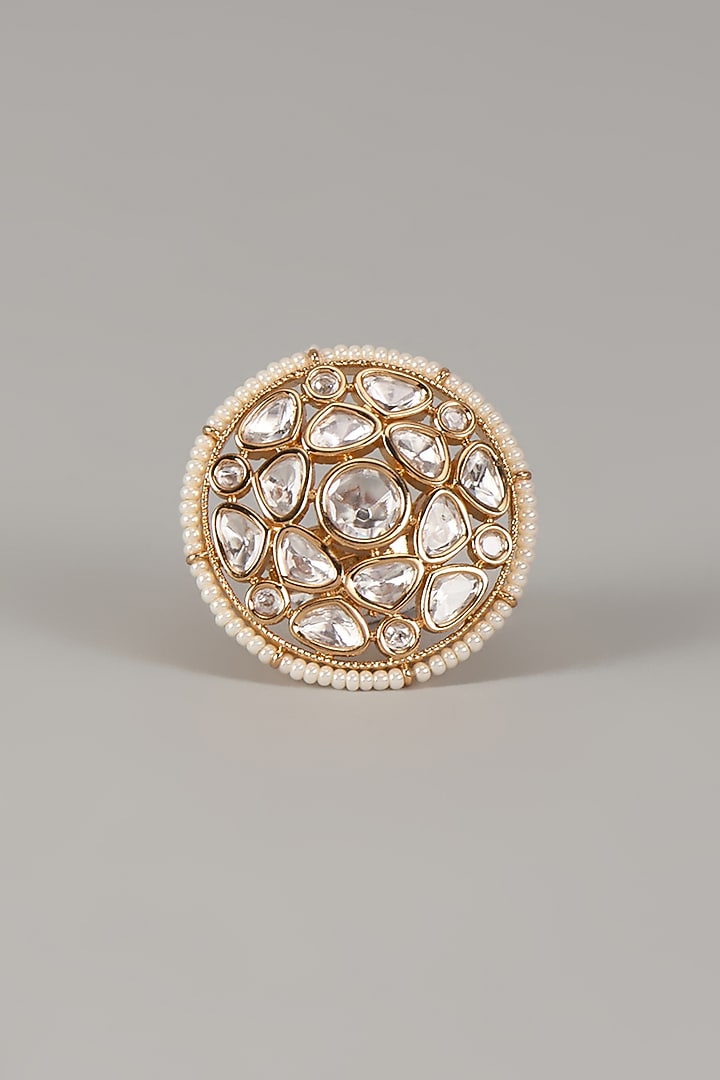 Gold Finish Uncut Zircon & Pearl Adjustable Ring by Aryah Jewels at Pernia's Pop Up Shop