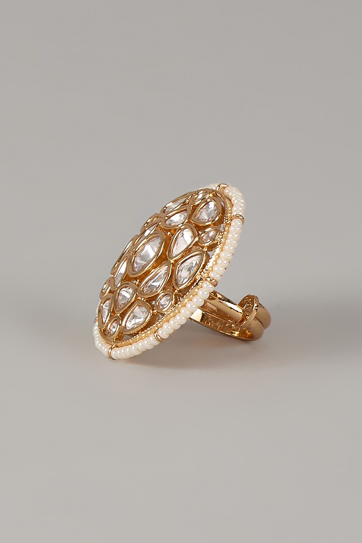 Gold Finish Uncut Zircon & Pearl Adjustable Ring by Aryah Jewels at Pernia's Pop Up Shop