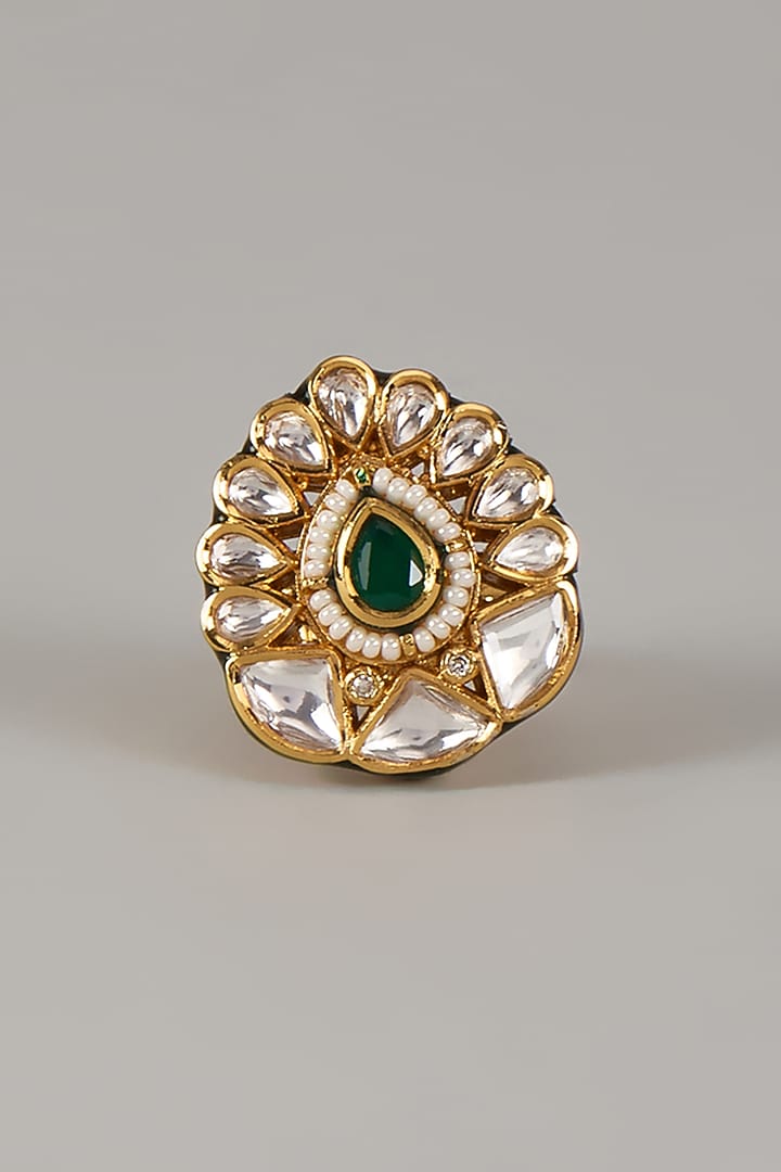 Gold Finish Uncut Zircon & Emerald Stone Adjustable Ring by Aryah Jewels at Pernia's Pop Up Shop