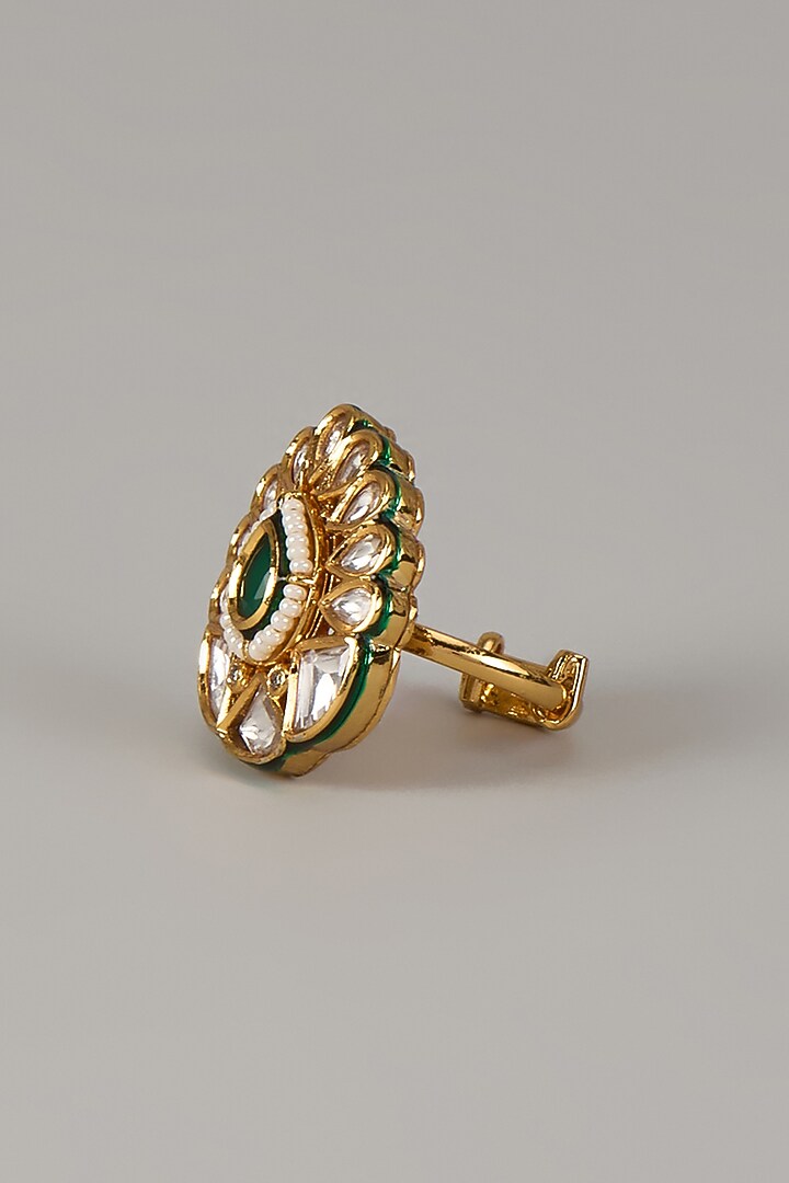 Gold Finish Uncut Zircon & Emerald Stone Adjustable Ring by Aryah Jewels at Pernia's Pop Up Shop