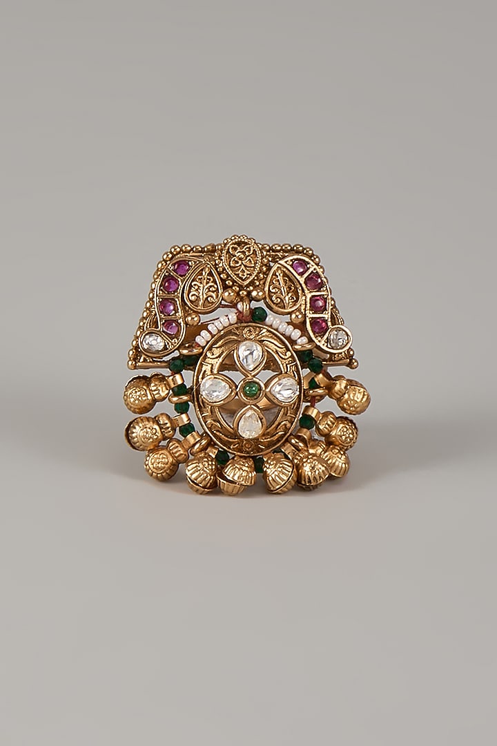 Gold Finish Uncut Zircon & Synthetic Green Stone Adjustable Ring by Aryah Jewels at Pernia's Pop Up Shop
