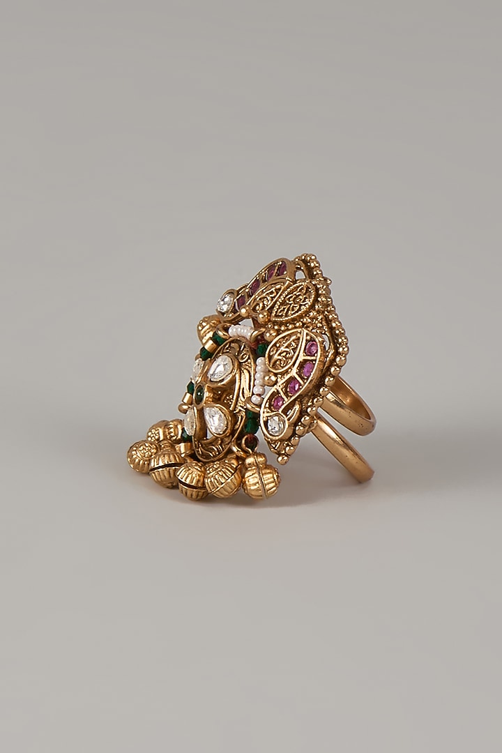 Gold Finish Uncut Zircon & Synthetic Green Stone Adjustable Ring by Aryah Jewels at Pernia's Pop Up Shop