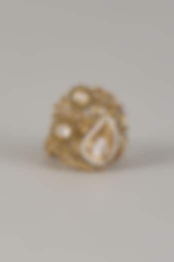 Gold Finish Uncut Zircon & Pearl Adjustable Ring by Aryah Jewels at Pernia's Pop Up Shop