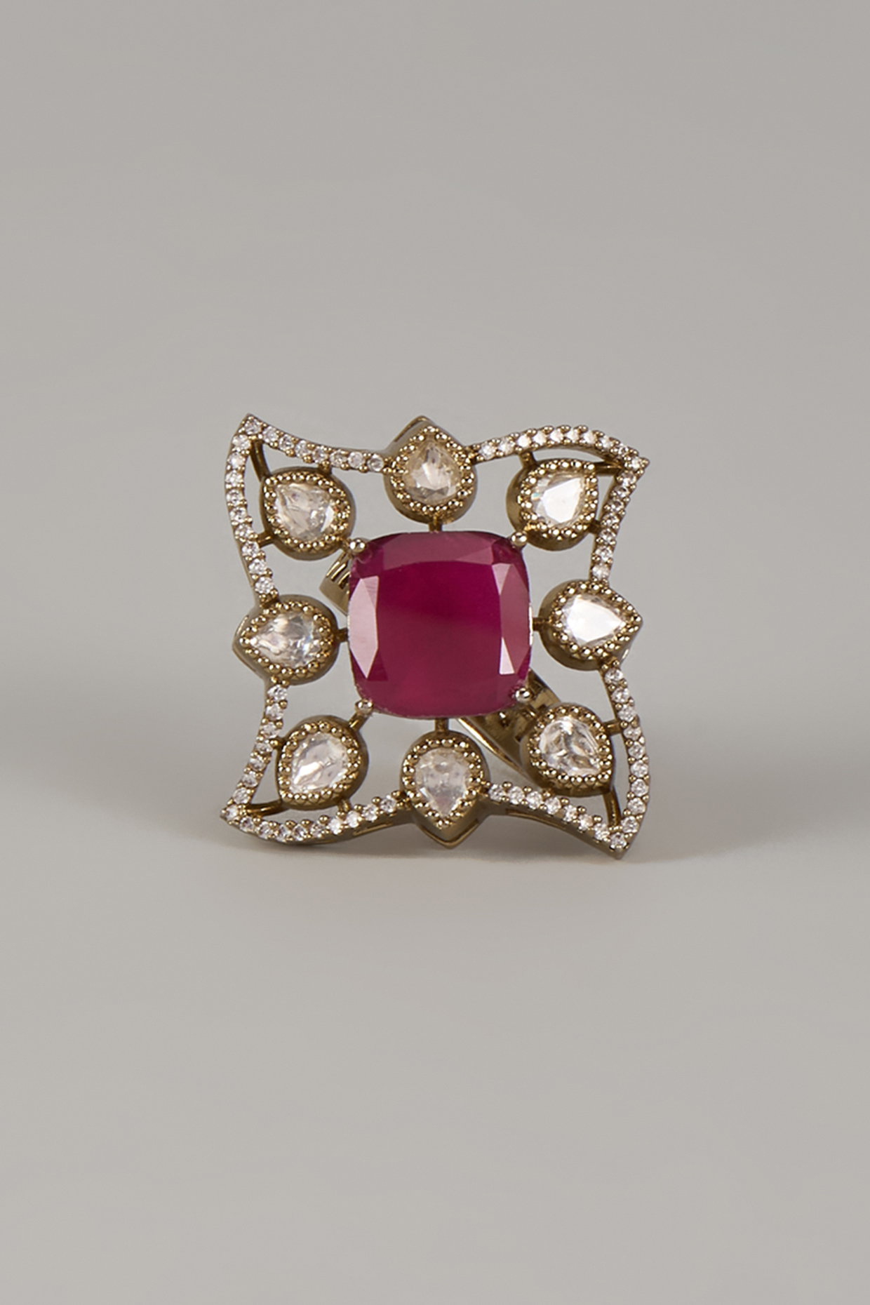 Victorian Finish Uncut Zircon & Ruby Synthetic Stone Adjustable Ring by Aryah Jewels at Pernia's Pop Up Shop