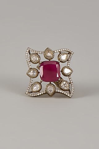 Victorian Finish Uncut Zircon & Ruby Synthetic Stone Adjustable Ring by Aryah Jewels