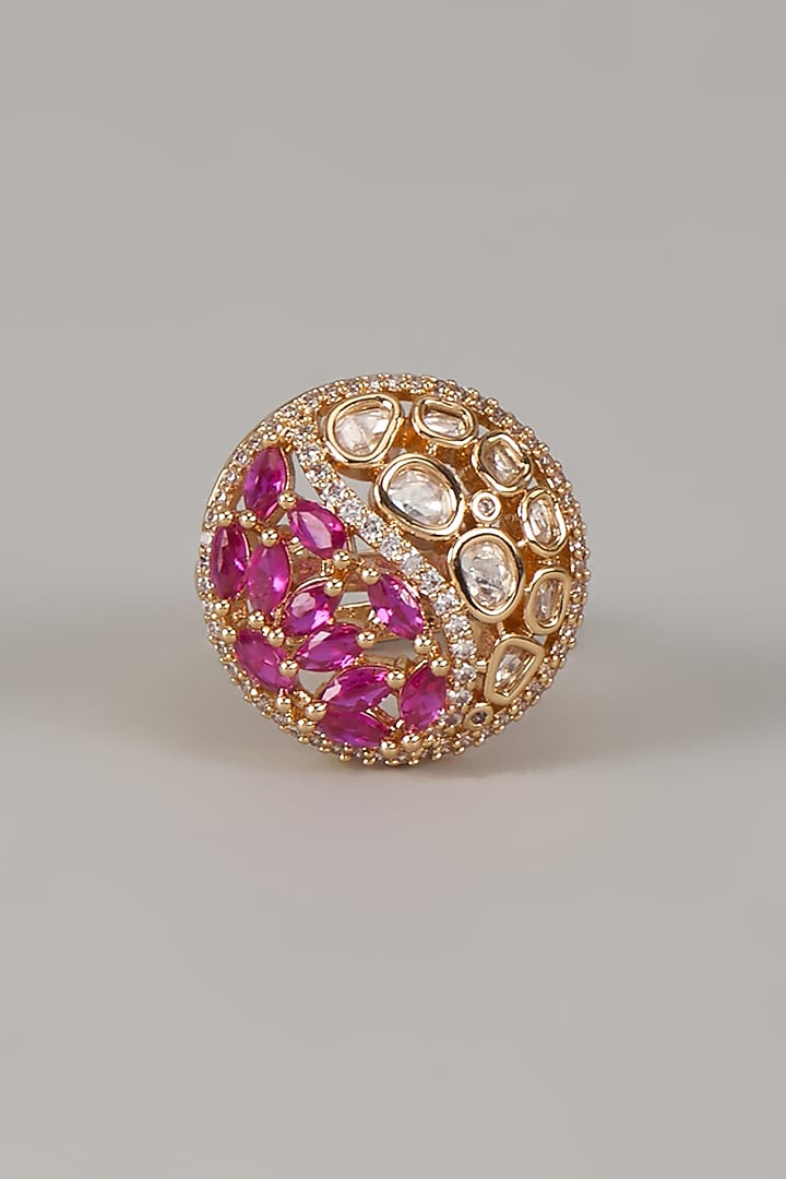 Gold Finish Uncut Zircon & Pink Beaded Adjustable Ring by Aryah Jewels at Pernia's Pop Up Shop
