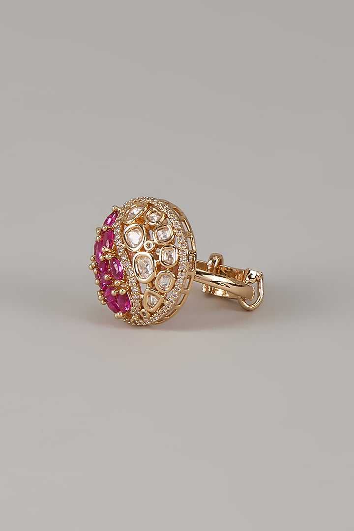 Gold Finish Uncut Zircon & Pink Beaded Adjustable Ring by Aryah Jewels at Pernia's Pop Up Shop