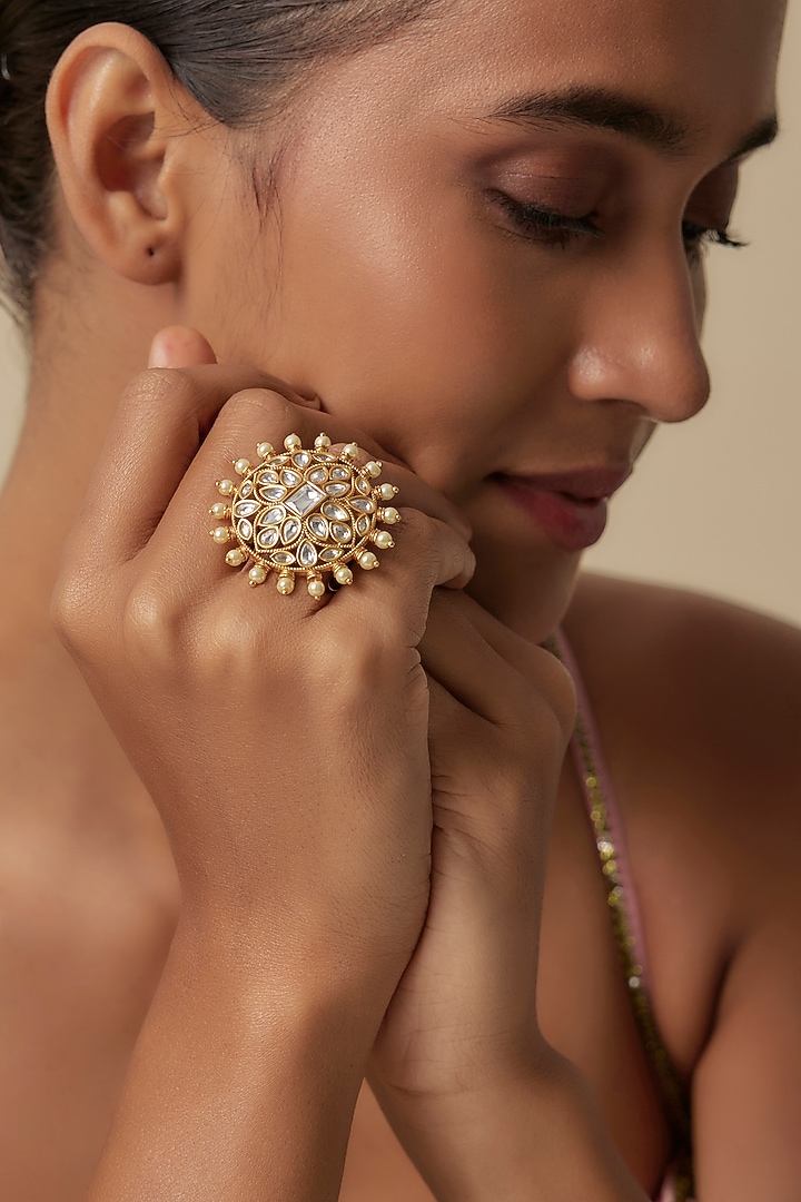 Gold Finish Uncut Zircon & Pearl Adjustable Ring by Aryah Jewels at Pernia's Pop Up Shop