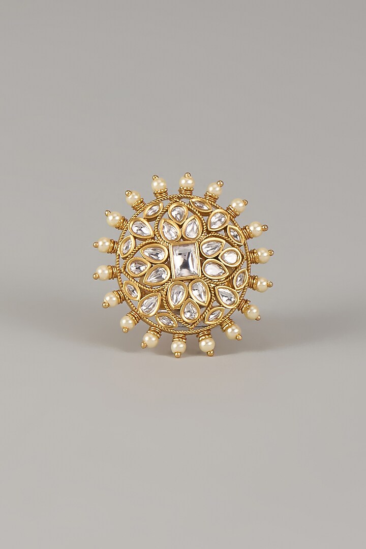 Gold Finish Uncut Zircon & Pearl Adjustable Ring by Aryah Jewels at Pernia's Pop Up Shop