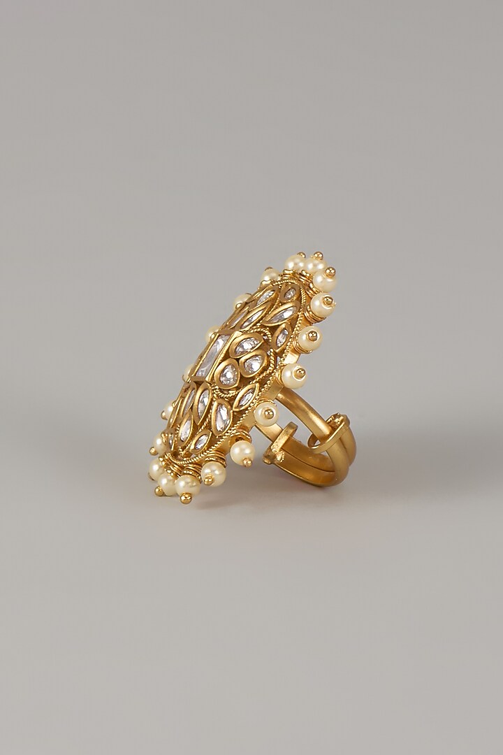 Gold Finish Uncut Zircon & Pearl Adjustable Ring by Aryah Jewels at Pernia's Pop Up Shop