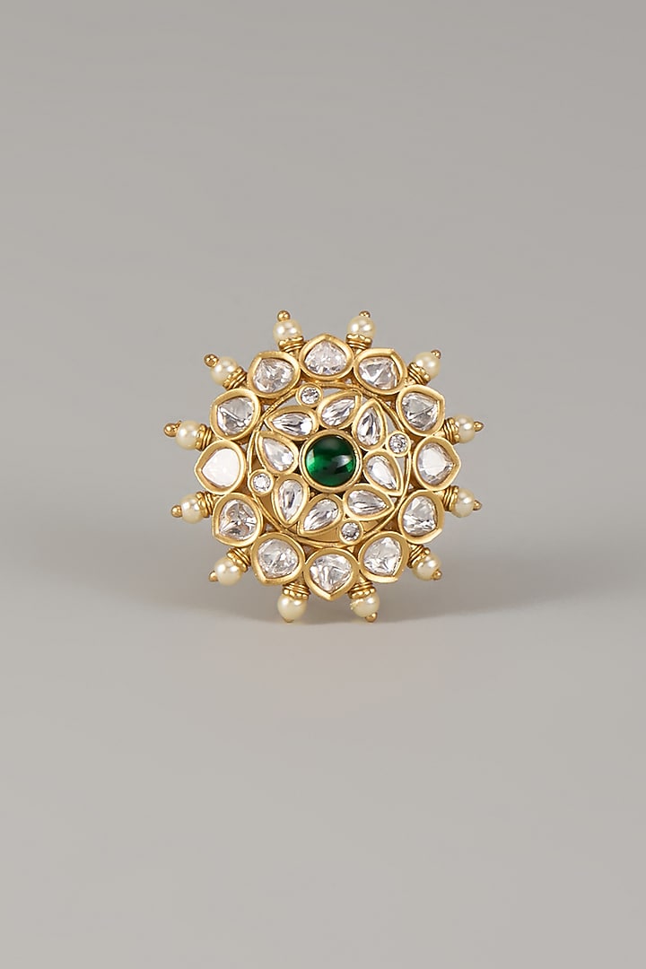 Gold Finish Uncut Zircon & Emerald Stone Adjustable Ring by Aryah Jewels at Pernia's Pop Up Shop