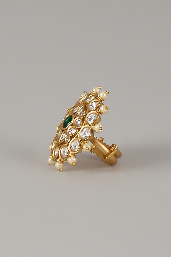 Gold Finish Uncut Zircon & Emerald Stone Adjustable Ring by Aryah Jewels at Pernia's Pop Up Shop