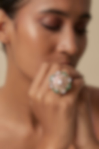 Gold Finish Uncut Zircon & Emerald Stone Adjustable Ring by Aryah Jewels at Pernia's Pop Up Shop