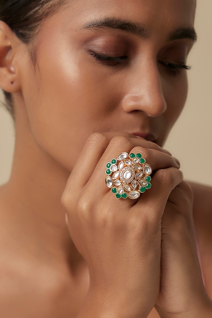 Gold Finish Uncut Zircon & Emerald Stone Adjustable Ring by Aryah Jewels at Pernia's Pop Up Shop