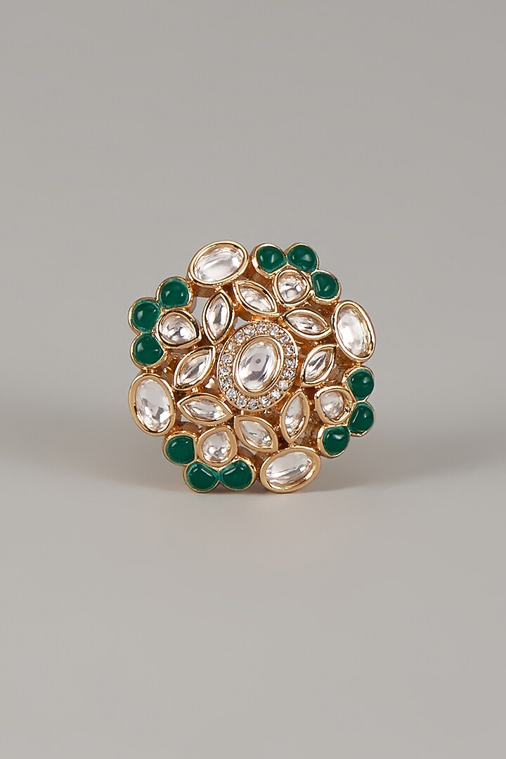 Gold Finish Uncut Zircon & Emerald Stone Adjustable Ring by Aryah Jewels at Pernia's Pop Up Shop