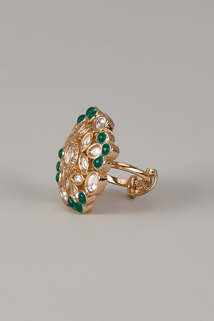 Gold Finish Uncut Zircon & Emerald Stone Adjustable Ring by Aryah Jewels at Pernia's Pop Up Shop