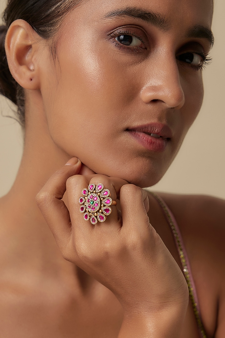 Gold Finish Uncut Zircon & Ruby Stone Adjustable Ring by Aryah Jewels at Pernia's Pop Up Shop