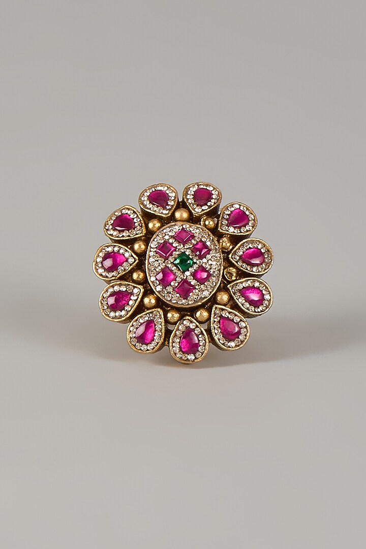Gold Finish Uncut Zircon & Ruby Stone Adjustable Ring by Aryah Jewels at Pernia's Pop Up Shop