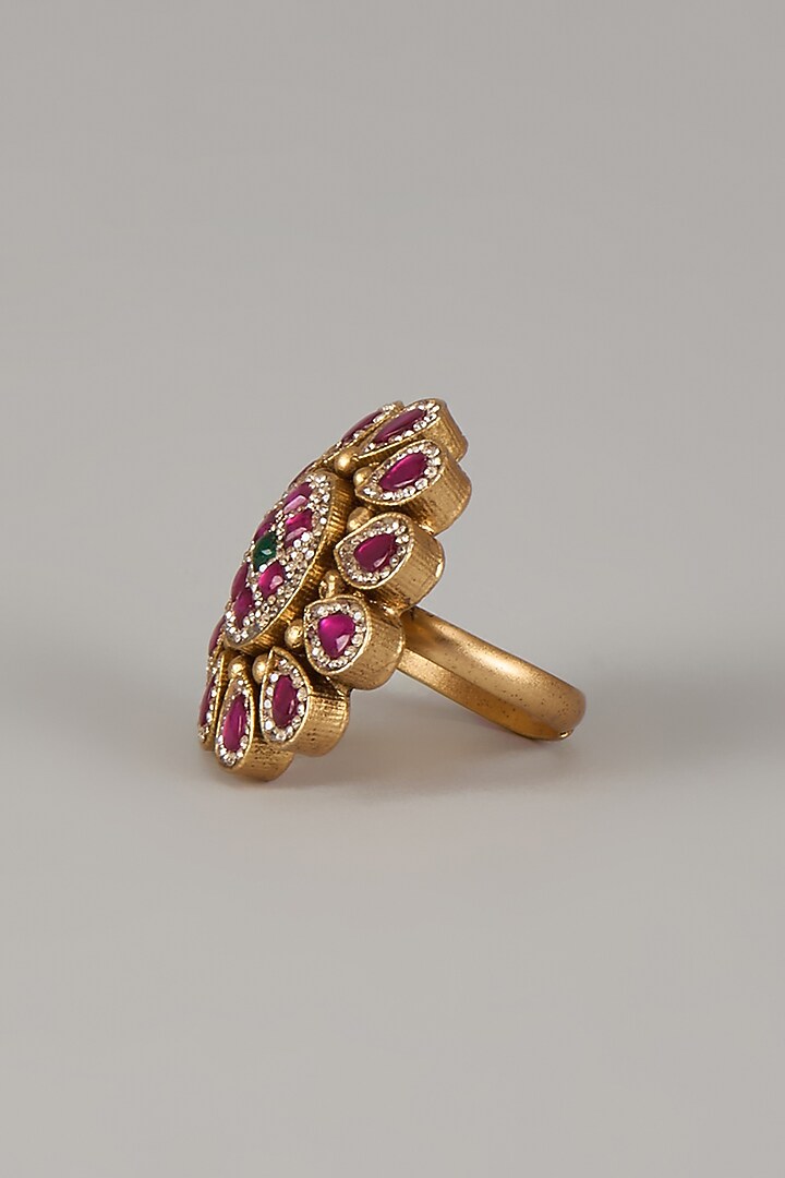 Gold Finish Uncut Zircon & Ruby Stone Adjustable Ring by Aryah Jewels at Pernia's Pop Up Shop