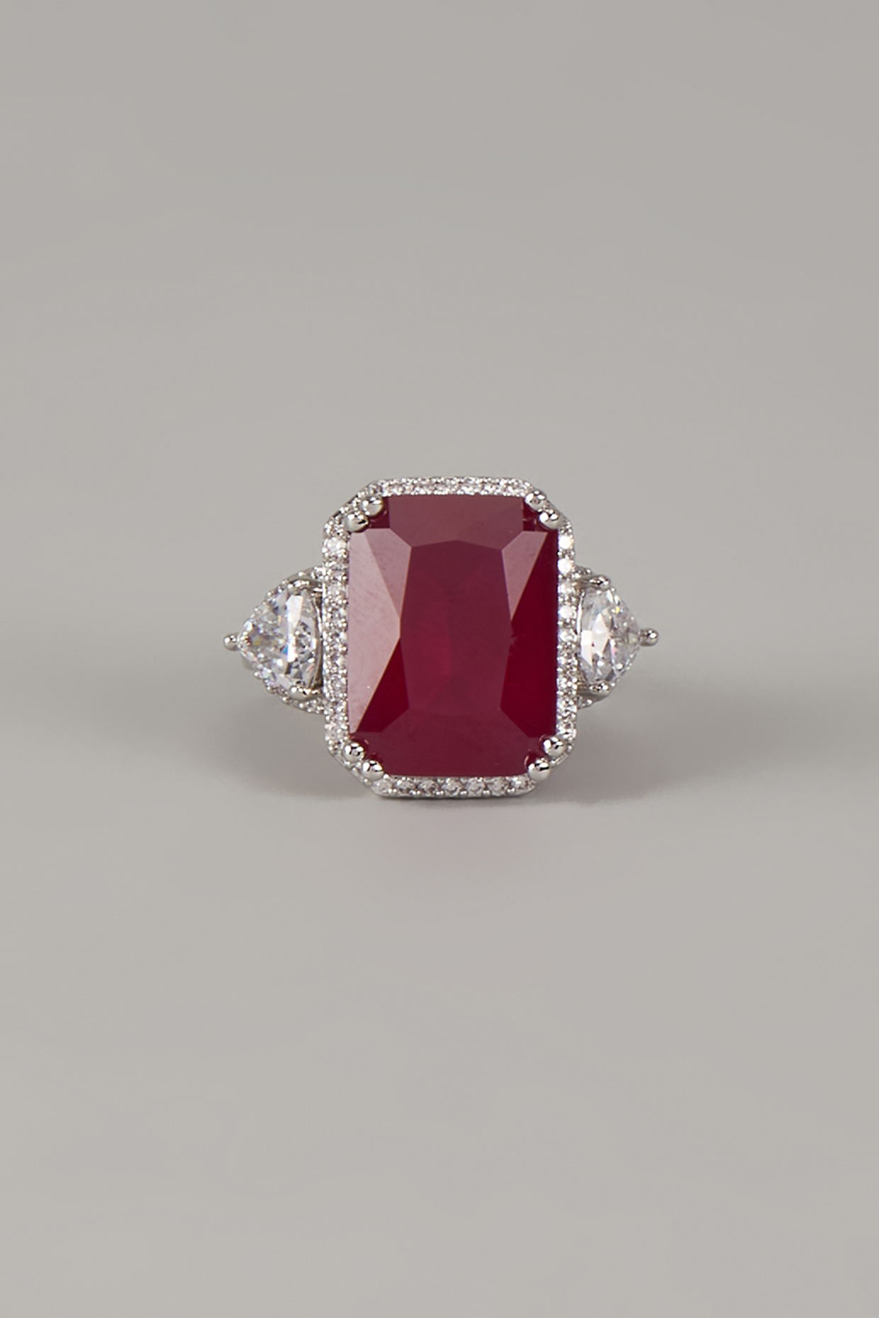 White Finish Uncut Zircon & Synthetic Ruby Stone Adjustable Ring by Aryah Jewels at Pernia's Pop Up Shop