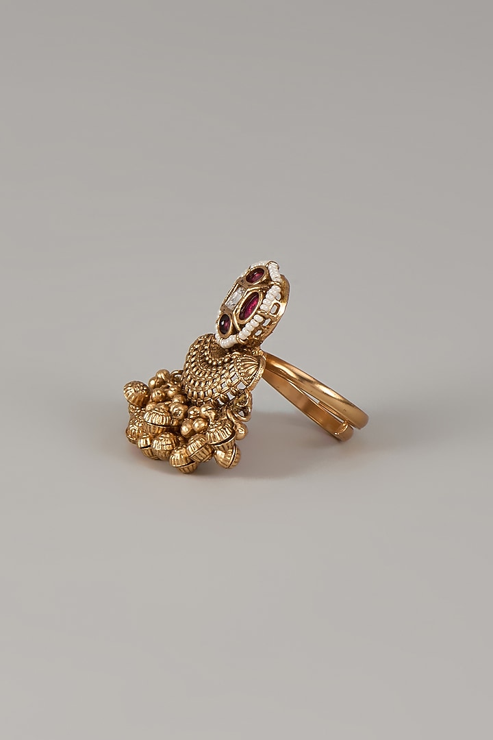 Gold Finish Uncut Zircon & Synthetic Ruby Stone Adjustable Ring by Aryah Jewels at Pernia's Pop Up Shop