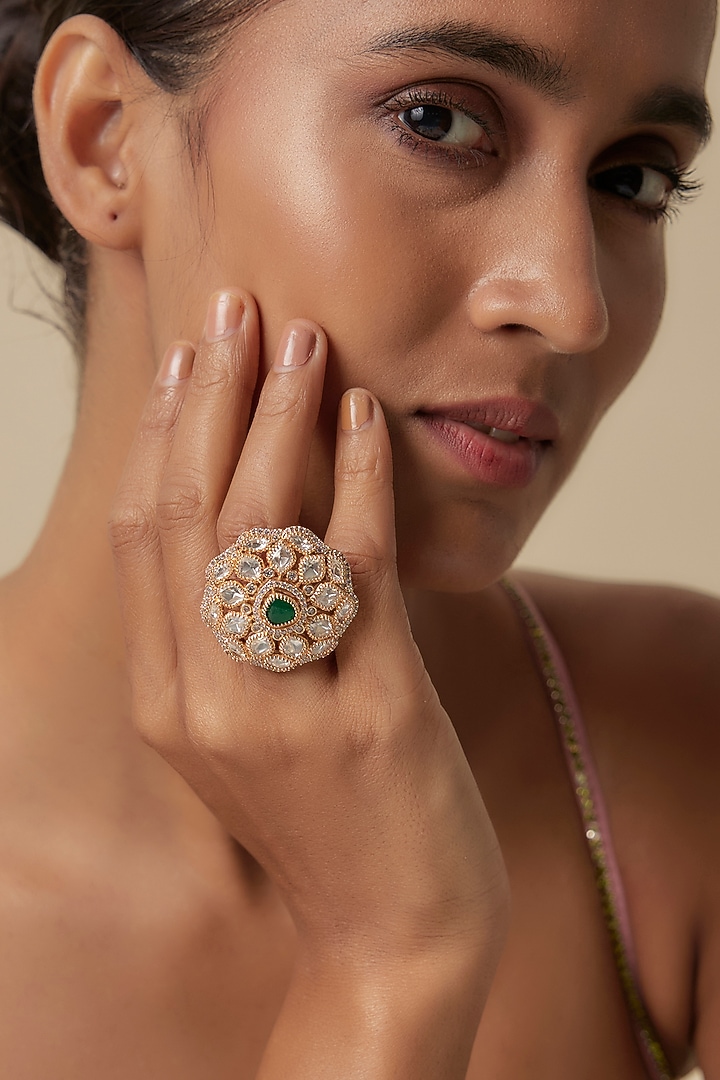 Gold Finish Uncut Zircon & Synthetic Emerald Stone Adjustable Ring by Aryah Jewels at Pernia's Pop Up Shop