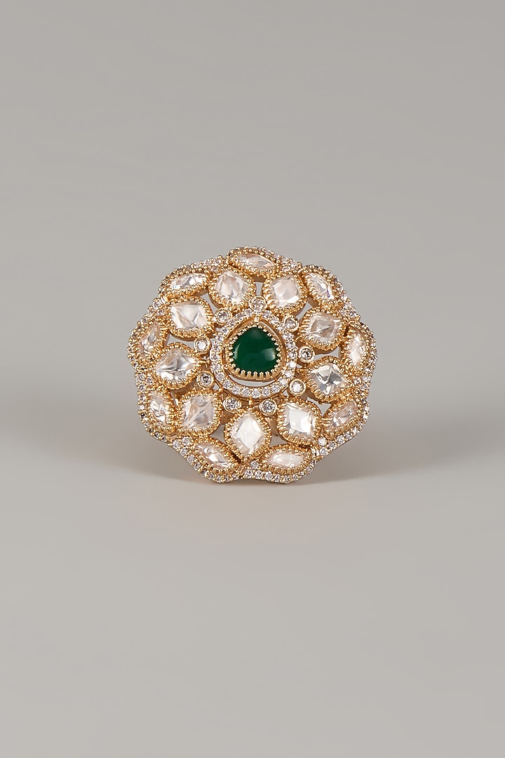 Gold Finish Uncut Zircon & Synthetic Emerald Stone Adjustable Ring by Aryah Jewels at Pernia's Pop Up Shop