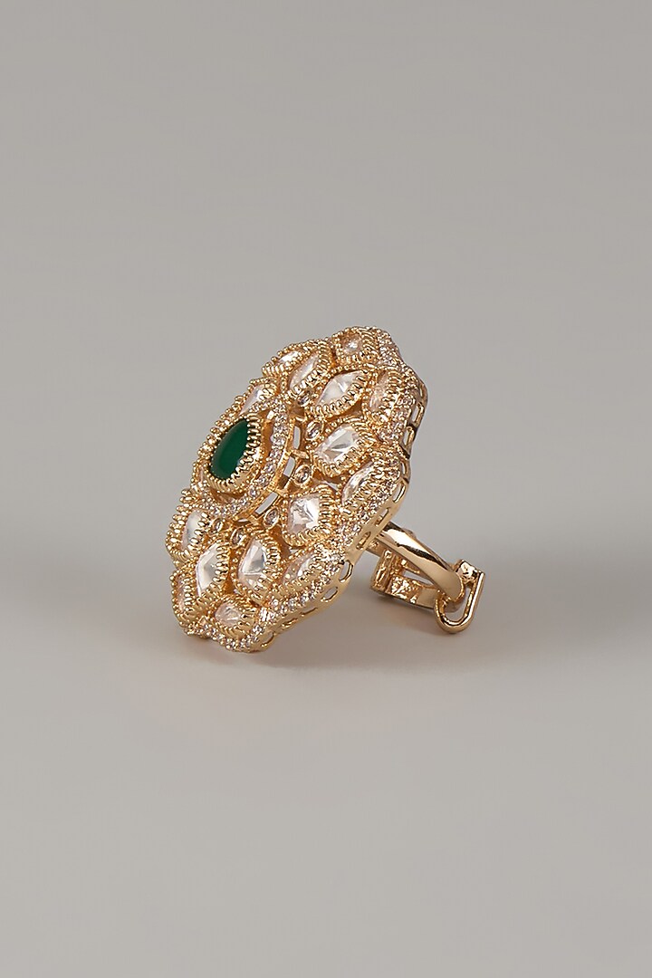 Gold Finish Uncut Zircon & Synthetic Emerald Stone Adjustable Ring by Aryah Jewels at Pernia's Pop Up Shop