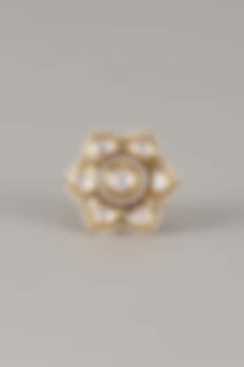 Gold Finish Uncut Zircon & Pearl Adjustable Enameled Ring by Aryah Jewels at Pernia's Pop Up Shop