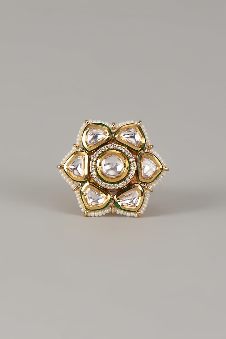 Gold Finish Uncut Zircon & Pearl Adjustable Enameled Ring by Aryah Jewels at Pernia's Pop Up Shop