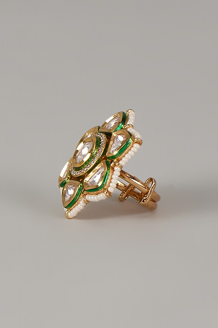 Gold Finish Uncut Zircon & Pearl Adjustable Enameled Ring by Aryah Jewels at Pernia's Pop Up Shop