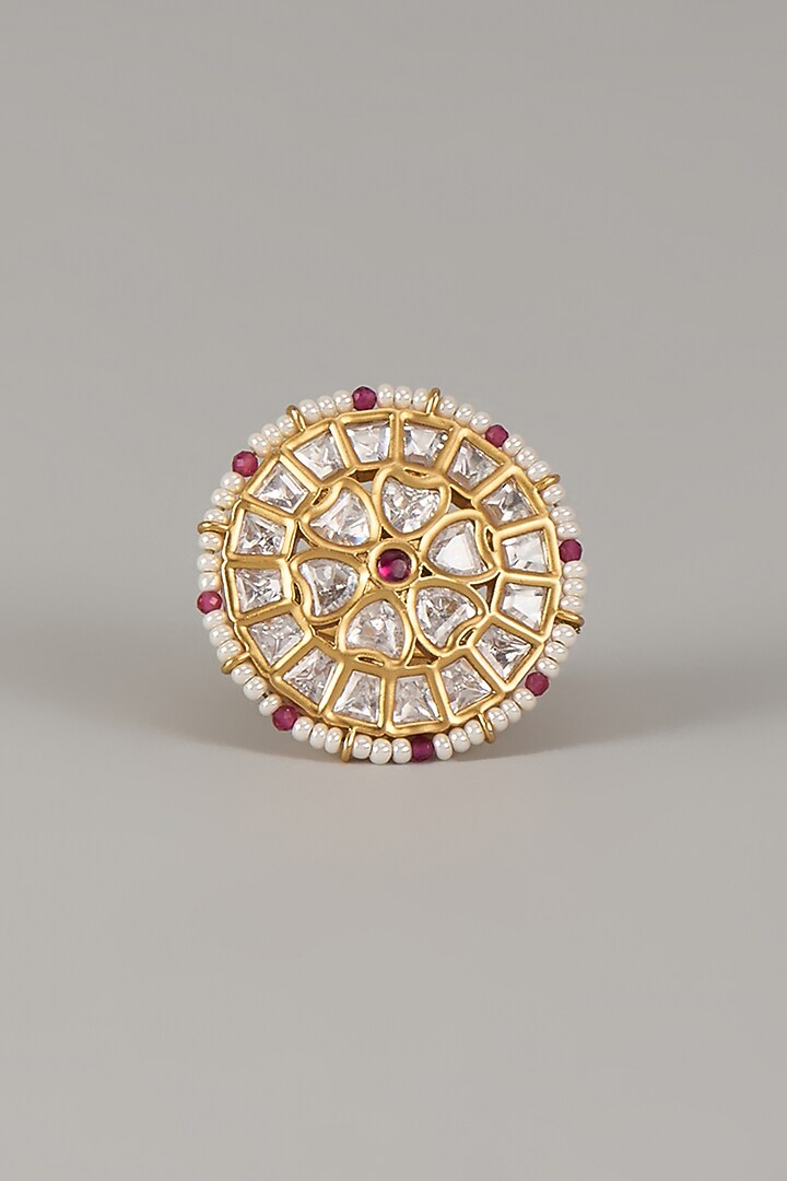 Gold Finish Uncut Zircon & Synthetic Ruby Stone Adjustable Ring by Aryah Jewels at Pernia's Pop Up Shop
